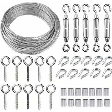 Kit de câble métallique en acier inoxydable de 5 m/2 mm avec tendeur de fil robuste M5, kit de rouleau de fil de clôture, kit de garde-corps de câble, tendeurs de fil de jardin pour plantes grimpante (1/5)