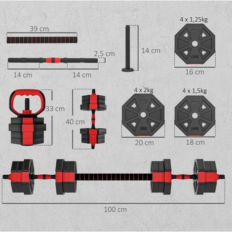 Haltères réglables 20 kg 4-en-1 en barre, kettlebell et support pompes DESVIAE (1/4)