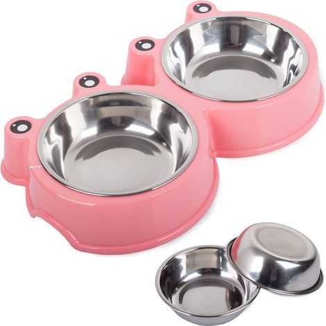 Bol d'alimentation double pour chat chiens duale metallique 0.3l x 2 rose (1/5)