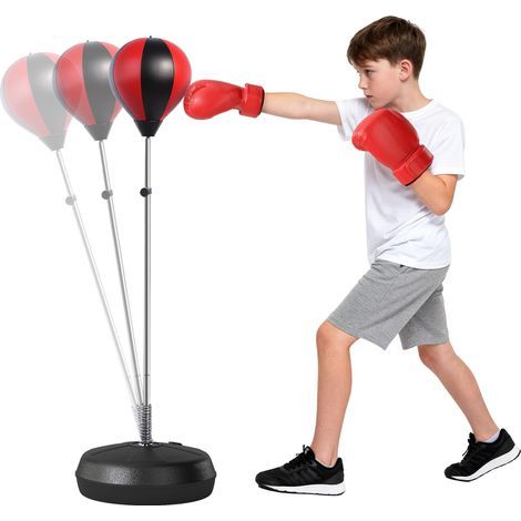 Sac de Frappe sur Pied Punching ball sur pied réglable en hauteur 126-144 cm avec gants, pompe et base de lestage pour adolescents et débutants noir et rouge (1/5)