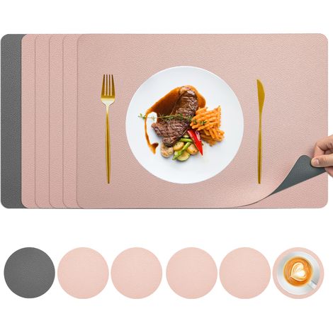 Set de Table Lavable, Set de Table Cuir Double Face avec des sous-Verres, Sets de Table Plastique, Set Table Napperon Rectangulaire (Rose + rouge, Lot de 6)