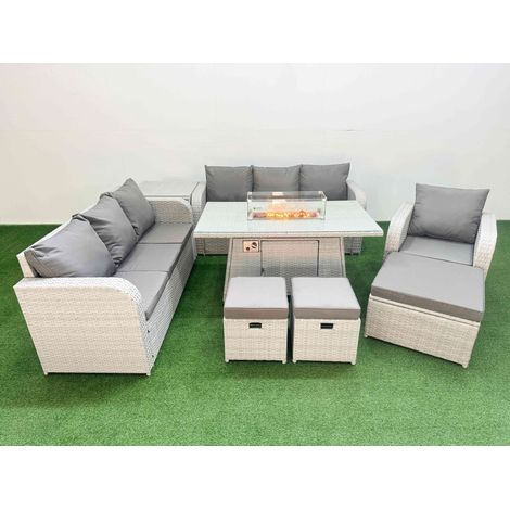 Fimous 10 Seater Poly Rattan Outdoor Garden Furniture Firepit Dining Table Sofa Set Patio 3 Seater Sofa Reclining Chair 3 Seater Sofa 3 Stools Side Table Light Grey (1/4)