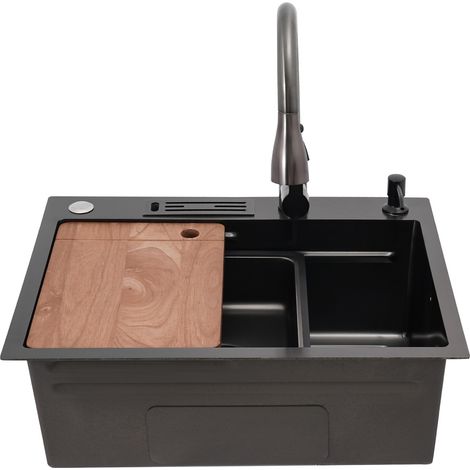 Évier de cuisine en granit noir (avec robinet télescopique), dimensions 60 x 45 cm, évier de bar encastrable à cuve unique en acier inoxydable, évier de cuisine avec siphon et trop-plein