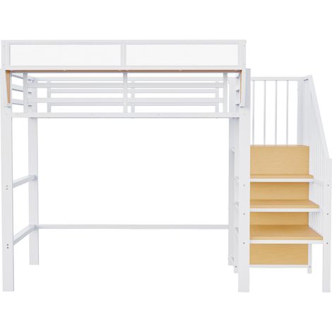 Lit mezzanine 90x200 avec échelle de sécurité et rangement flexible, lit métal adulte enfant superposé, blanc (1/5)