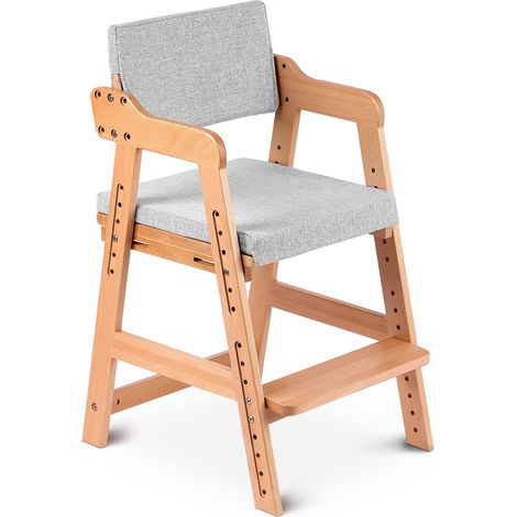 Seggiolone in legno di faggio per neonati, 6 altezze regolabili, cuscini sfoderabili e lavabili, sedia per bambini multifunzionale, stabile e solida, marrone chiaro (1/5)