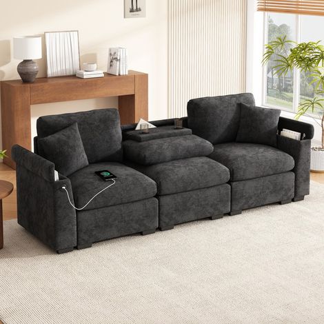 Canapé 3 places moderne chenille avec table pliante, rangement, ports USB et porte-gobelet - multifonctionnel pour salon et bureau 242x80x88cm - Gris (1/5)