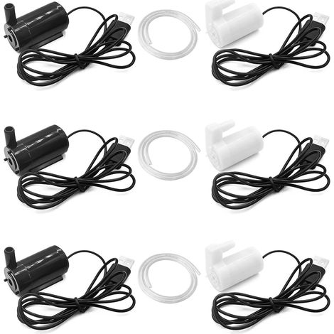 Lot de 6 mini pompe submersible USB, 3 x noir horizontal et 3 x blanc vertical et tuyau de 3 m, pompe à eau d'aquarium DC 3-5 V, pompe USB pour fontaines, aquariums, fontaine d'intérieur et