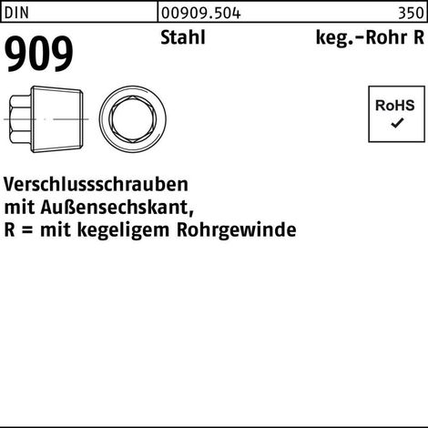 DIN 909 Verschlussschraube Kegeliges Rohrgewinde VG 3/8" Stahl 5.8 blank ASK 50 Stk (1/2)