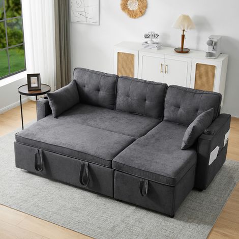Canapé d’angle convertible 3 places avec coffre de rangement, porte-gobelets, coussins inclus, réversible gauche/droite, tissu coton-lin gris moderne  CHICFURN (1/5)