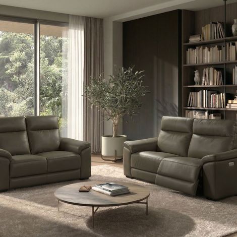 Canapé Relax Electrique 3 Places + Canapé 2 Places Fixe en cuir taupe foncé - STANLEY (1/5)