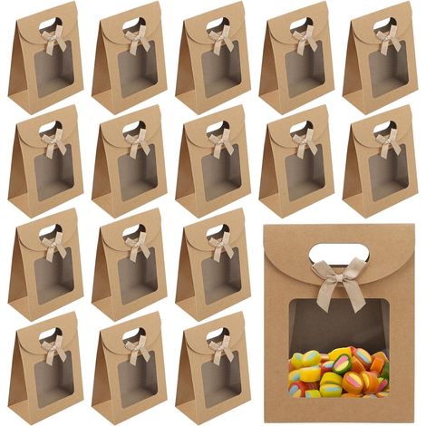 Confezione da 20 sacchetti regalo in carta kraft marrone con finestra, 16 x 12 x 6 cm, con manici, perfetti per Natale, Halloween e Ringraziamento (1/5)