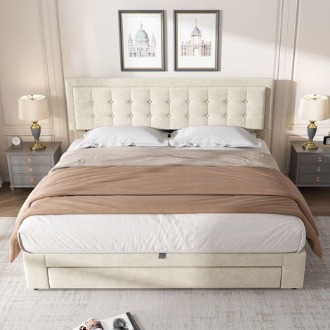 Lit double capitonné 160 x 200 cm, avec coffre et tiroirs, tissu velours, grand espace de rangement, couleur beige (1/5)