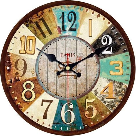 30 cm große Wanduhr aus Holz, Vintage-Wanduhr, geräuschlose Quarz-Küchenuhr, kein Ticken, dekorativ, farbenfroher französischer Vintage-Stil für Schlafzimmer, Wohnzimmer, Café, Bar (1/4)