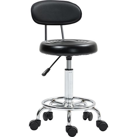 Verstellbarer 360°-Drehhocker mit Rückenlehne, Rollen und Fußstütze, Stahl, Kunstleder und Schaumstoff, Schwarz