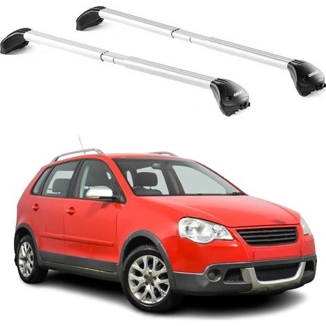 OMAC Barres de toit transversales certifiées TÜV pour VW Polo mk4 Cross / Fun 2001-2009 – Verrouillables (4 antivols) – Charge max 100 kg – Sangle inox + protection caoutchouc Argent (1/4)