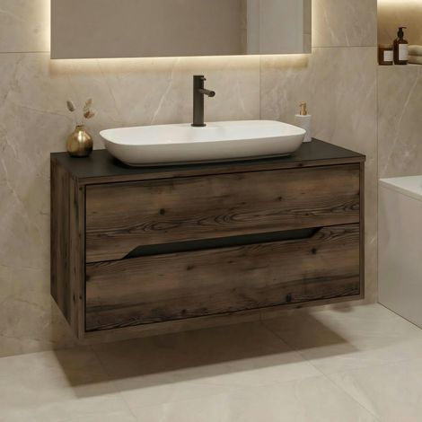 Meuble vasque suspendu 100 cm décor bois foncé 2 tiroirs NEÏS (1/5)