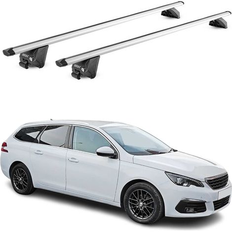 OMAC Barres de toit aluminium certifiées TÜV pour Peugeot 308 II Break 2013-2021 – Pour rails de toit intégrés – Rainure en T – Charge max 100 kg – 2 antivols Argent (1/5)