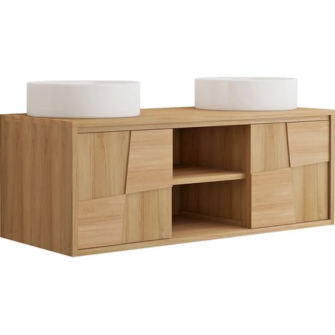 Mobile bagno sospeso in teak con lavabo da appoggio rotondo in ceramica L120 cm - SUMBAWA (1/5)