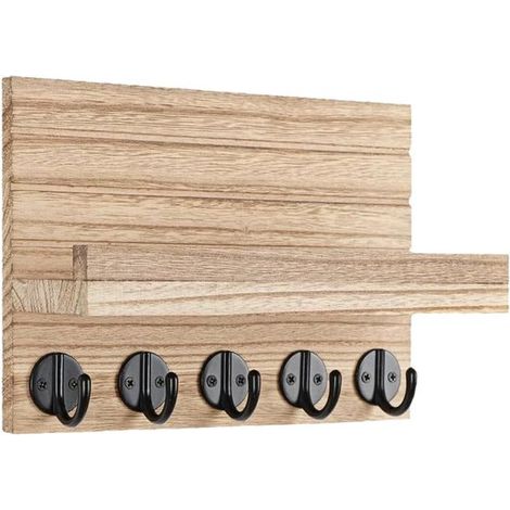 Wandhaken Handtuchhaken Wandmontierter Schlüsselhaken mit 5 Haken 25 cm Holzfarbe dekoratives Wandregal geeignet für Küche Schreibtisch und (1/2)