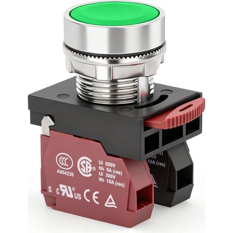 Bouton Poussoir Momentané Vert 22mm, Tête Métallique Robuste, 1NO (Normalement Ouvert) + 1NC (Normalement Fermé), Interrupteur de Commande Industriel pour Panneau et Armoire Électrique (1/5)