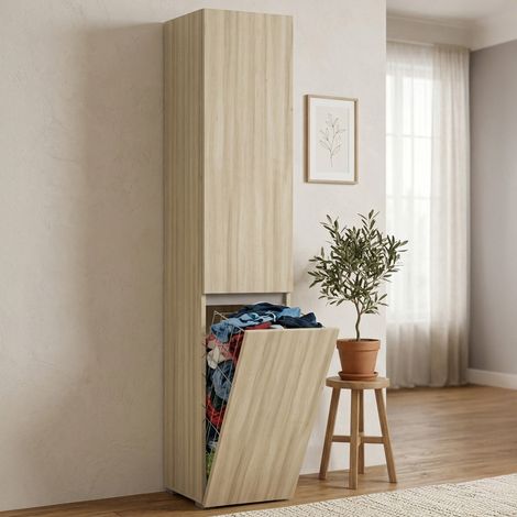Dmora - Armario multiusos Agapanto de 2 puertas, mueble para lavandería de 2 puertas, Columna de baño con cesto para la ropa, 100% Made in Italy, 45x37h195 cm, Olmo, con embalaje reforzado