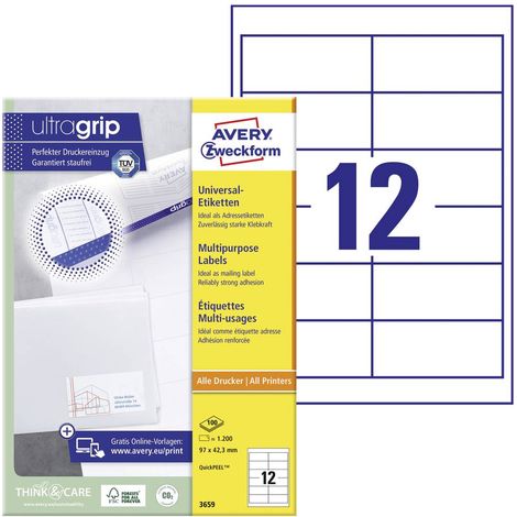 Avery-Zweckform 3659 Etichetta universale 97 x 42.3 mm Carta Bianco 1200 pz. A tenuta permanente Stampante a getto d'in (1/5)