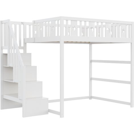 Kinder-Hochbett 140 x 200 mit Treppe, Holz, Sicherheitsgeländer, Weiß (1/5)