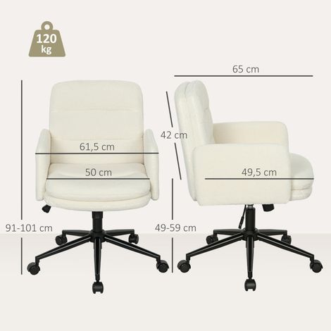 Fauteuil de travail pivotant sur roulettes, tissu blanc crème, accoudoirs inclus, 5 roues, dossier inclinable, design ergonomique pour bureau (1/5)