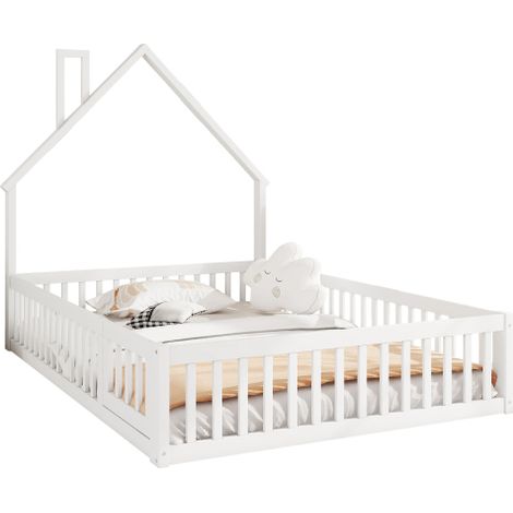 Lit enfant 140x200 pin design cheminée sommier lattes blanc sans matelas (1/5)