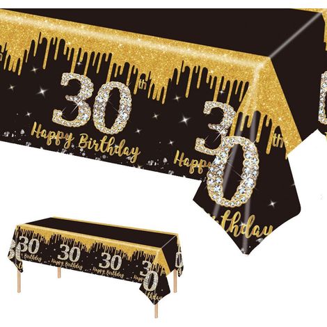Nappe 137x274 cm Noir Or 30ème Anniversaire Jetable Plastique Décoration de Fête