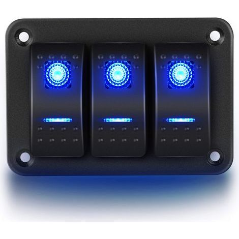 90017C 3 gangs panneau en aluminium bascule tableau de bord 5 broches marche/arrêt support d'interrupteur à bascule pré-câblé pour voiture automobile bateau marin, 2 ans de garantie, bleu (1/5)