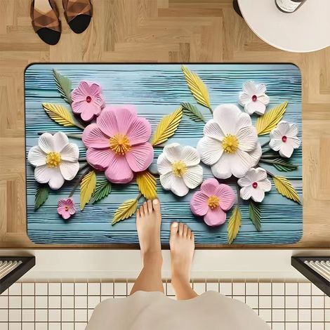 Tapis de bain en diatomite antidérapant – Absorbant, rapide séchage, résistant à la saleté & à l’usure – Design artistique floral bleu (60 x 90 cm)-lsw