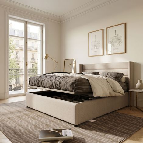 Lit Double 160 x 200 cm, lit 2 Places avec Cadre de lit et Espace de Stockage, Lit Rembourré Lit Coffre sommier à Lattes pour Adulte Adolescent, Lin Beige (1/5)