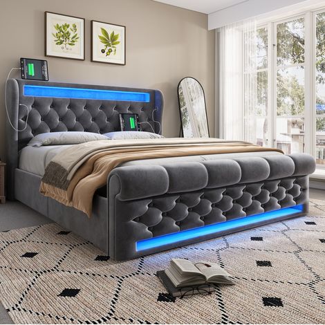 Letto matrimoniale imbottito 160x200 cm in velluto grigio, con LED, testiera con USB e Tipo C, contenitore idraulico (1/5)