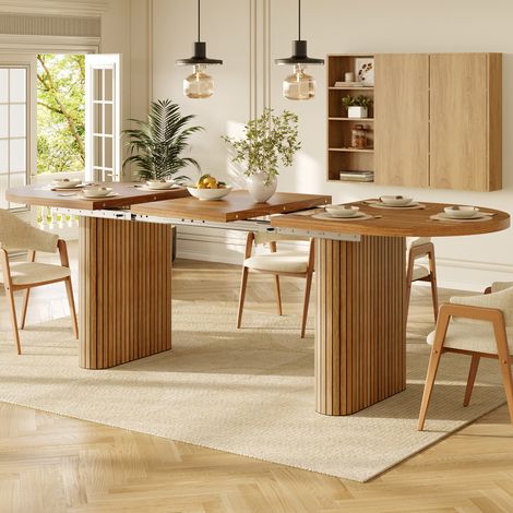 Table de salle à manger extensible 120-160 cm, ovale, en bois avec structure verticale, supportant jusqu'à 60 kg, disponible en 3 coloris : bois naturel, marron et noir. (1/4)