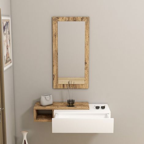 Garderobenmöbel Ingria, Spiegel inklusive, 1 Schublade, 1 Ablage, 82x30x16h cm Weiß (1/4)