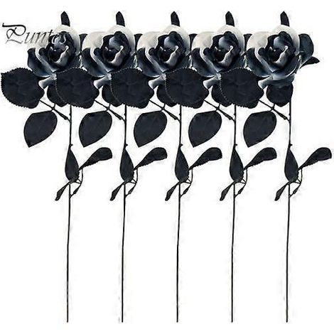 Lot de 5 roses noires artificielles avec feuilles, style gothique réaliste, en soie, pour Halloween, décoration de table pour la maison ou le bureau. Branche florale artificielle.noir blanc (1/5)