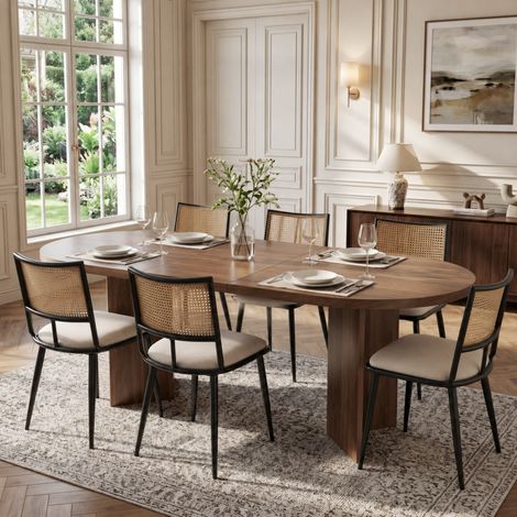 Lot de 6 chaises de salle à manger en rotin - Lot de 6 - Assise en PU - Dossier en rotin - Structure métal - Noir (1/5)