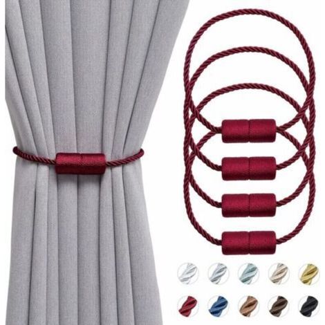 Set mit 4 magnetischen Raffhaltern für Vorhänge, 40,6 cm, handgefertigt aus seitlichem Seil für Vorhänge für Haus und Büro (weinrot)