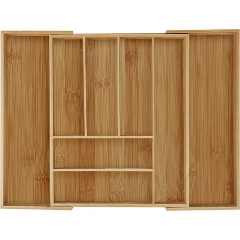 Relaxdays Cutlery Tray, Extendable, 6-8 Compartments, HxWxD: 6.5 x 57.5 x 43 cm, Kitchen Drawer Insert, Bamboo, Natural
