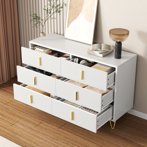 Buffet 120x40x77 cm blanc et doré en panneaux de particules avec 6 tiroirs et façade ondulée (1/5)