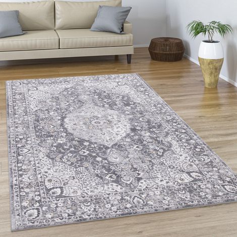 Paco Home Teppich Wohnzimmer Kurzflor Vintage Abstrakt Orientalisch Modern Bordüre 120x170 cm, Grau