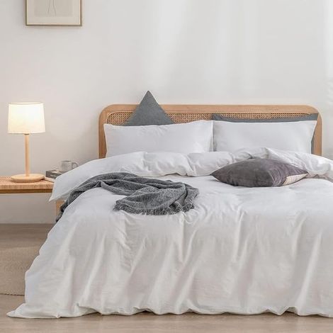 Housse de Couette 240x260cm Blanc Coton Parure de Lit 240x260 Coton Parure de Lit Adulte Respirant Housse Couette Blanc avec Fermeture Éclair et 2 Taie d'oreiller (1/5)