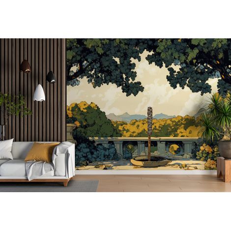 Papier peint campagne - fontaine cachée sous les arbres - 150 x 250 cm (1/2)