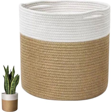 Panier de rangement - Panier tressé - Panier de rangement rond - Jaune et blanc - 20 cm - Panier suspendu tressé à la main pour plantes - Panier à plantes en corde de coton patchwork - Panier de range (1/5)