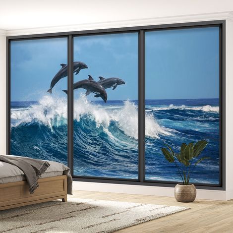 Papier peint panoramique Trompe l'oeil baie vitrée - Dauphins - 130 cm x 78 cm (1/5)