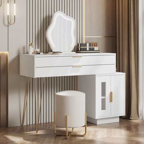 Coiffeuse modulable 100x40x78 avec miroir lumineux blanc et doré (1/5)