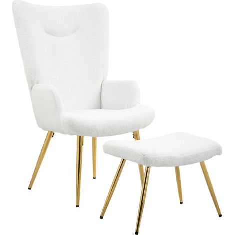 Fauteuil avec Repose-Pieds Dossier Haut Accoudoirs Rembourrés Revêtement Sherpa Doux Pieds Acier Blanc Salon Chambre (1/5)