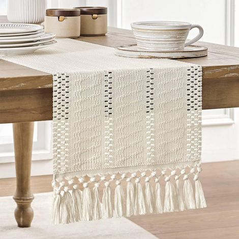 chemin de table bohème en coton et lin 30 x 180 cm chemin de table rustique style ferme chemin de table avec pompon noué idéal pour une table printanière ou un goûter décoration tissée style ferme (1/5)