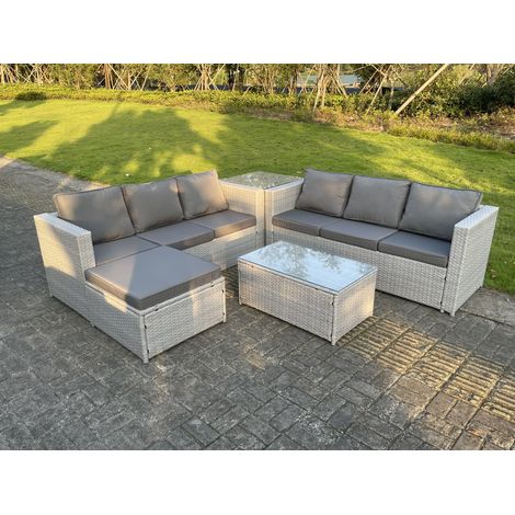 Fimous Meubles de Jardin en rotin ave Canapé à 3 places Table d'appoint Table basse Grand Tabourets Gris Clair (1/5)